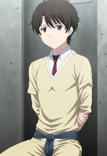 high resolution, solo, best quality, 1Boy, Inaho Kaizuka, Black Hair, Brown Eyes, arrested, restrained, struggling, tied, interrogation, interrogation room, OverallDetail