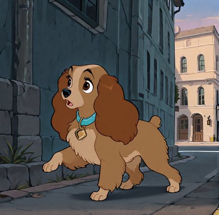 masterpiece, 4k, absurd res, detailed, highest quality, cocker spaniel, solo, open mouth, brown hair, brown eyes, standing, full body, outdoors, sky, collar, bell, animal, animal focus, animalization, domestic dog, lady \(ladyandthetramp\), dog ear, animal nose, dog, no humans, running in street, watercolor panting <lora:lattladyillustrious:1>