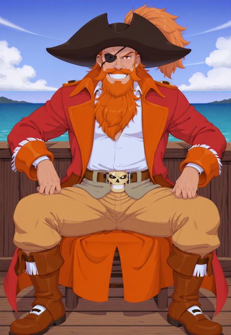 solo, masterpiece, modern, new, 1boy, male, masculine face, daddy looking face, w0lfc0nf

DisneyBloodbeard, ginger hair, hat, beard, pirate, coat, sea, looking at viewer, smiling, eyepatch, sitting down, manspreading