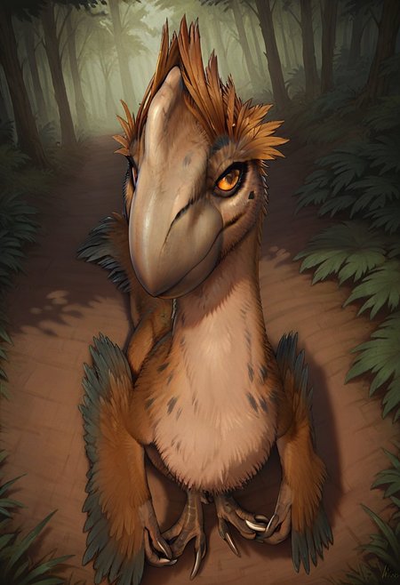 score_9_up, score_8_up, score_7_up, solo focus, full body, dynamic angle, 
gigantoraptor, dinosaur legs, claws, brown feathered, head with crest, orange eyes, forest, evening
