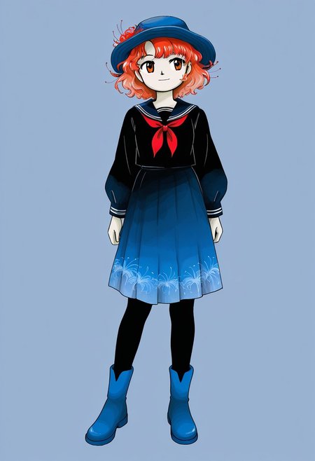 watercolor, aesthetic, colorful, jaggy lines, zun \(style\), BREAK, 1girl. solo, (medium height, pale red hair, orange eyes, short hair, wavy hair, (spider lily in hair), blue boonie hat, black tunic, sailor uniform, red neckerchief, blue skirt, tall blue wellies, black leggings), standing full body, simple background,