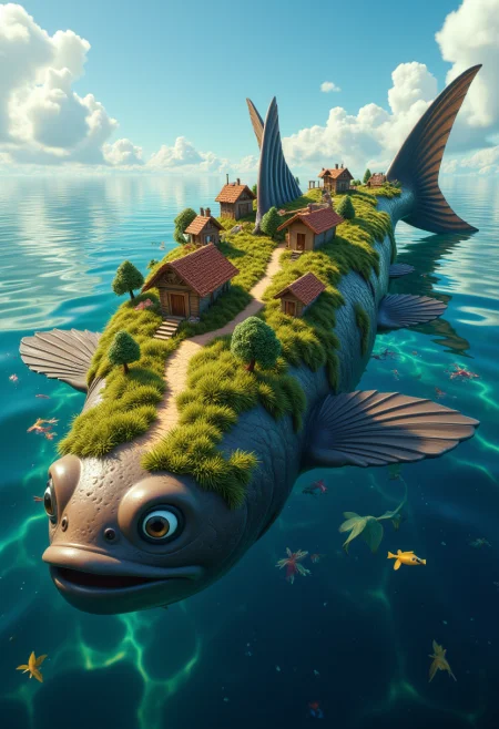 The giantic catfish swims on the surface of the ocean. The catfish's back is covered with grass. On the catfish's back is the village. The village has many wooden houses. Rural roads run between the houses. There is sky on a background.
<lora:Cute_3d_Cartoon_Flux:0.6>