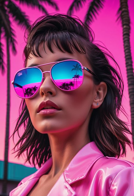 synthworld, synthwave, beatiful girl, close up, wearing pink sunglasses, neon, retro, black palm trees