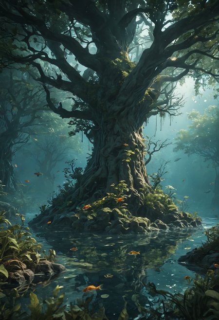 8K Ultra HD, highly detailed, super realistic, Underwater Forest, a detailed illustration depicting a mysterious forest that spreads on the seabed, a fantastic sight of trees standing in the sea and glittering creatures, Adobe Illustrator, pixiv, luminism, 3d render, octane render, Isometric, by yukisakura, awesome full color,  <lora:add-detail-xl:1>