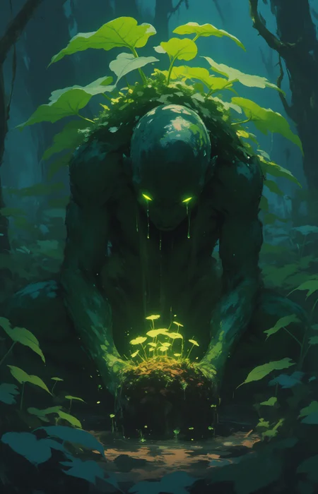 glowing tears of a plant like mandrake figure  nourishing fragile seedlings, sad, atmospheric,   <lora:MJanime_Flux_LoRa:1>