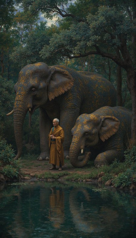 GLOW,intricate tetradic colors in every details,FLUORESCENT,asian woman, An elderly Asian monk, adorned in saffron robes, stands beside a colossal, slumbering elephant at the edge of a pellucid pool.  The crepuscular sunlight, filtering through the verdant canopy above, bathes the scene in an ethereal, otherworldly luminescence. Capture the profound serenity and symbiotic connection between man and beast, their reflections shimmering in the tranquil waters below. The image should evoke a sense of spiritual tranquility and reverence for the natural world.