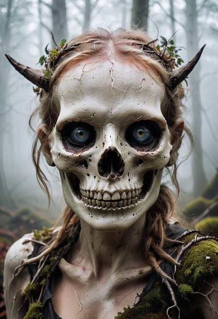 <lora:RMSDXL_Creative:2.5> [Very close view of scull::0.45][scull:female demon with big cloudy white glass eyes:portrait, old dry skin, (dark forest in background :1.1), (mystical fog creeps:1.2), atmosphere, horror, fear, thicket, driftwood, moss, dampness, (thorn, cataract:1.5), (big cloudy white glass eyes:1.5), defocus : 0.2] hi detailed, realistic, best quality <lora:RMSDXL_Creative:2.5>