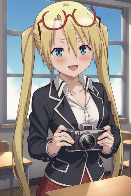 score_9, score_8_up, source_anime  BREAK solo, cowboy shot, looking at viewer,
<lora:SelinaPdxlDwnsty-000008:1>, selina sherlock, blue eyes, blonde hair, twintails, long hair, glasses, eyewear on head, school uniform, white shirt, black jacket, plaid skirt, holding camera, taking picture,
medium breasts, smile, open mouth, blush, 
indoors, classroom, window, desk, day, blue sky, dimly lit,