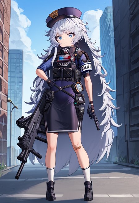 score_9,score_8_up,score_7_up, rating_general, masterpiece, source_anime, zPDXL2, city background, exterior, new york city, police car, police siren, police light,  BREAK,  <lora:Poli-000005:1>, zpoliorigin, 1girl, zpolia_outfit,  solo, long hair, looking at viewer, bangs, blue eyes, skirt,  gloves, hat, white background, holding, very long hair, closed mouth, standing, full body, weapon, white hair, short sleeves, shoes, black gloves, socks, black skirt, black footwear, holding weapon, hand on hip,  holding polipoli_rifle, white socks, holding gun, bandaid, rifle, handgun, pencil skirt, assault rifle, police, bandaid on leg, police uniform, bandaid on knee, policewoman, holstered weapon, walkie-talkie