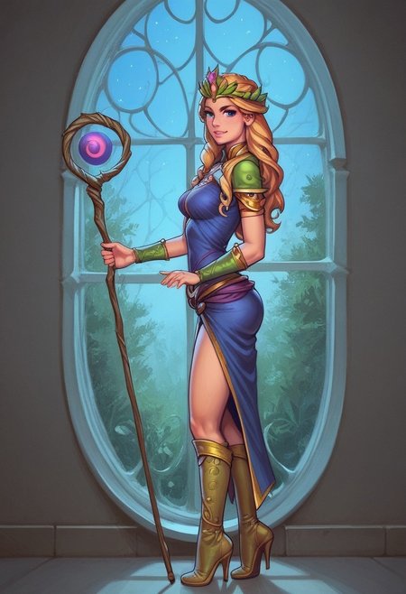 1girl, (((side view))), from front, solo, illustration, comic style, highly detailed, skinny, model body, looking at viewer, masterpiece, best quality, 1girl, masterpiece, best quality, fayenchantress, 1girl, solo, blonde hair, long hair, blue eyes, (young beauty, fit body:1.3), ((((magic shining orb in staff right hand, opened magic book in left hand)))), ((((magic clothes))))
<lora:FayEnchantress:0.9>
BREAK 
(((dark magic Observatory inside, night sky in window:1.6)))) score_9, score_8_up, score_7_up, score_6_up, source_cartoon, rating_explicit, Expressiveh, ((((full body))))), dynamic pose