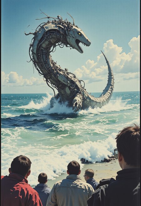 live action found footage, old photo, A scratchy VHS tape from the 1980s featuring a supposed 'Sea Serpent' sighting off the coast. The footage shows a large, mechanical serpent undulating through the waves, with visible gears and seams when viewed up close, while distant viewers on shore react with scripted awe and terror.