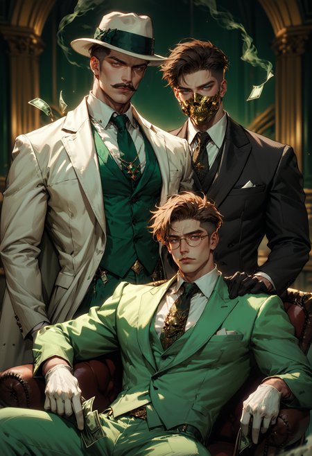 (score_9, score_8_up), score_7_up, 2boys, muscular male, bara, manly, tsurime, mustache, hazel eyes, arched eye brow, mature male, looking at viewer, serious, black and green theme, hand on hip, chains, fedora, brown hair, blonde hair, crew cut, suspenders, arms crossed, hair slick back, crew cut, short hair, sitting, standing, leg spread, luxurious chair, green smoke, white gloves, necktie, black gloves, suit, holding money, jewelry, white shirt, green vest, black pants, coat, gold mask, mouth mask, realistic, blurry background, depth of field, DOF, chaos, <lora:Mafia_Outfit:0.6>