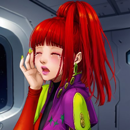 best quality, masterpiece, official artwork, (realistic:0.35), 1girl, solo, sq,  red hair, jewelry, earrings, purple eyes, lips, nail polish, makeup, long hair, ponytail, spaceship room, crying, eyes closed, hand cover face
