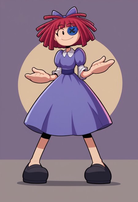 zPDXL, score_9, score_8_up, score_7_up, source_anime, 1girl, solo,
 <lora:PringleDingle_v2-15:1>pringus, d_ll, 1girl,rag-doll, red yarn-like hair, flat orange triangular nose, blue button eye and black pupil in actual eye, purple bow in hair, purple dress with darker patches, white undershirt, big feet, big shoes, happiness, happy, perfect hands, perfect face, elegant, tall lady