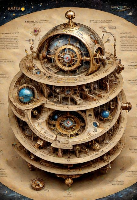 national geographic, best quality, masterpiece, award winning photo, fantasy landscape, extremely detailed, HDR, a photorealistic exploded view of a clockwork steampunk astrolabe armilar sphere, labeled parts, technical details, cross-section view, characteristic astronomy, focus, contrast, brightness, realistic style, scientific accuracy, clear and concise, on parchment