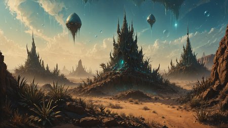 alien landscape, Glittering crystal spires piercing the horizon, Chiseled arches framing endless desert vistas , alien [flora:fauna:0.5], Underwater Lighting, <lora:Misty_Vintage:0.8>, <lora:cine:0.7> cin3, <lora:SDXLFaeTastic2400:0.4>