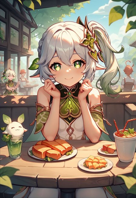 score_9, score_8_up, score_7_up, score_6_up, score_5_up, score_4_up, source_anime, A girl sitting at a table in a restaurant, 1girl, Nahida_(Genshin_Impact), outdoors, happy, smile, casualware, food, looking at viewer