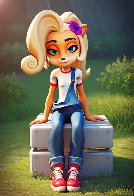 PonyXLV6_Scores,source_anime,masterpiece,best quality, highly detailed, perfect anatomy,amazing quality,3d,
BREAK
 <lora:coco:0.8>coco, 1girl, solo, shirt, overalls, green eyes, blonde hair, white shirt, hair ornament, animal ears, flower, sitting, hair flower, short sleeves, furry, half-closed eyes, grass, looking at viewer, furry female, long hair, shoes, red footwear, full body, pants, closed mouth, shiny, outdoors, shiny hair, body fur, ponytail, water,