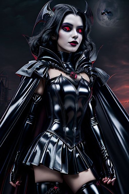 MEvil, EvlSM, Bad_End_Precure, DarkPrecure, adult, evil corrupted princess wearing dark pastel (ruffled:1) (gleaming latex:1) (sailor senshi uniform) with (long latex vampire cloak:1.5) and latex gauntlets, soft lighting, ruffles,
( long legs, crescent, crescent facial mark, makeup, lipstick, mascara, eyeshadow),
(red eyes, colored skin, glowing eyes, evil smile),
<lora:more_details:0.5>,
<lora:midjourney style:0.6>