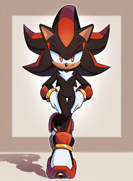 solo, <lora:krack:1> krackstyle,
shadow the hedgehog, black fur, red streaks, red eyes, white gloves, gold bracelet, white footwear, multicolored footwear,
dynamic pose, smirking, hands in pockets, leaning back, one leg crossed over the other, looking at viewer, extremely detailed, highres, masterpiece, best quality
