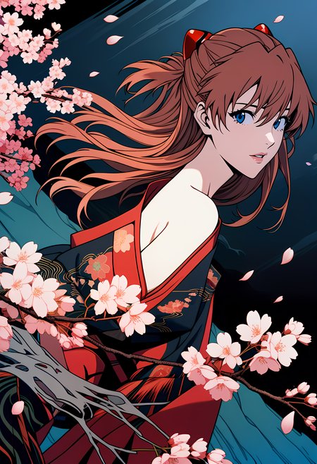 cherry blossoms  in a dark storm, light and shadow, cherry petals flying in the air, wind and rain, sea,
1girl, souryuu asuka langley, neon genesis evangelion, rebuild of evangelion, aged up, mature, Japanese kimono, looking at viewer, 
dynamic angle, close-up shot, woodcuts, highly detailed, KHsty-XL, <lora:KHsty-XL-v3-AN:0.5>,
masterpiece, best quality, very aesthetic, absurdres,