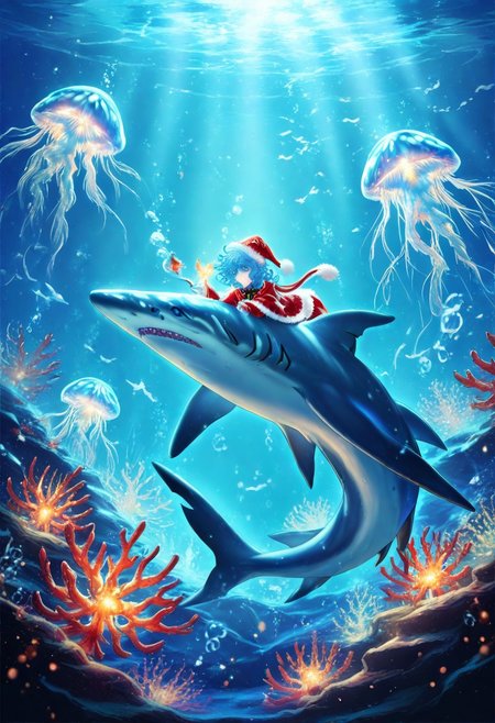 masterpiece, best quality, high quality, good quality, boy, curly hair, blue eyes, blue hair, animal, sharks, jellyfish christmas animals, swiming, underwater, glowing corals, festive ambiance, bioluminescence, holiday theme, detailed, intricate details, dynamic lighting, festive accessories, Santa hats, animal christmas