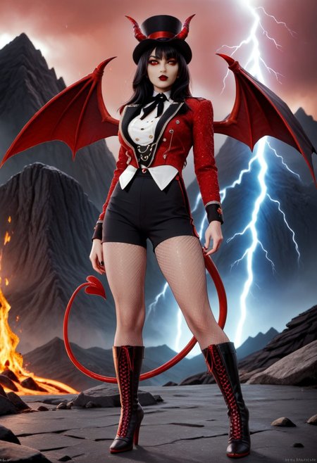 A 35mm photo of a beautiful slim woman, she is a reptilian demon , pale red demon skin with orange belly skin and inner thighs, black demon horns, clawed demonic hands, digitigrade red demon hooves, spade tipped demon tail, standing in a volcano, long straight black hair, large green feline demon eyes, demonic wings, lit with a sickly green light, red sky, blue lightning, broad sexy curvy hips, slim waist, pert breasts, wearing a fitted red tailcoat and black yoga leggings
ruffled lingerie, lava, fire, volcano, lightning, hud_rngmstr,  black shorts, red long sleeve sequin short jacket, buttons, top hat, black neck ribbon, fishnet pantyhose, high heel boots