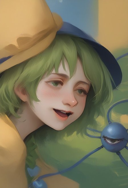 <lora:disco_elysium_v1_pruned:1>, thick outlines, <lora:komeiji_satori_image6571_2023-12-17-000006:1>, painting, painting_\(medium\), painterly, faux traditional media, portrait, artistic, standing in front of window, (mosaic window in background:1.5), side view, profile view, high window, 1girl, solo, touhou, koishi, komeiji koishi, green hair, medium hair, hat, eyes wide open, head lifted, looking at someone, komeiji_koishi, 1girl, third_eye, yellow_shirt, black_hat, green_hair, frilled_sleeves, highres, frilled_shirt_collar, wide_sleeves, hat_bow, green_eyes, green_skirt, heart_of_string, yellow_bow, hat_ribbon,  diamond_button, yellow_ribbon, eyeball, (third eye:1.5), closed third eye, third eye floating, 
happy, very happy, open mouth, laugh,