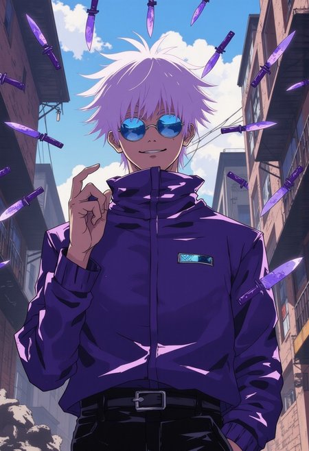 Vector art, 
Rendered in a style redolent of Impressionism, the painting utilizes a vibrant.
(Medium shot, shoulders and up) digital artwork of Gojo looking at the viewer.  10 knives hover infront of his face, but he has frozen time. He smiles at the camera knowing he's going to win this fight. 
He wearing purple jacket, high collar jacket, zipped jacket, black pants  and round frame sunglasses with blue lenses. His eyes visable behind his glasses.  He has bright blue eyes. 
The background a destroyed city.