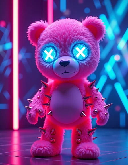 A glitch-art pink teddy bear, its plush fur glowing under ultraviolet neon lights, stands with limbs bristling with holographic chrome spikes. X-shaped LED eyes pulse electric blue, contrasting with jagged laser-cut scars across its body. The background dissolves into a blurred grid of neon circuitry, while prismatic light flares highlight each spikeâs razor edge. Hyper-detailed fur fibers blend with metallic sheen, creating a cyber-organic hybrid aesthetic.
_________
dramatic beauty, otherworldly quality, soft lighting, shallow depth of field, high detail, dynamic composition, cinematic shot, film grain, balanced shadows, harmonic colors, emotional depth, symbolic meaning, innovative props/costumes, timeless elegance, modern themes, iconic imagery, unforgettable moment, captivating beauty, stunning impact, thought-provoking, artistic vision, masterful execution.
<lora:cheats:0.4> <lora:NOOB_vp1_detailer_by_volnovik_v1:0.5>
