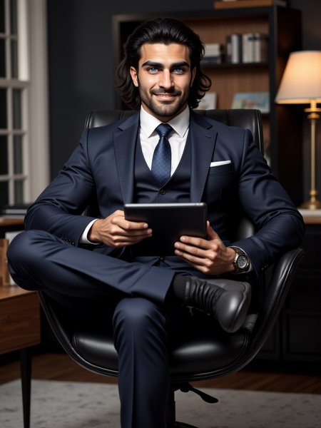 Orhun has blue eyes. He has long black hair, He is an attractive man and is muscular.wearing business suit. He is in his office and sitting on his office desk. He hold a tablet in his hand, His legs are spread. he smiles