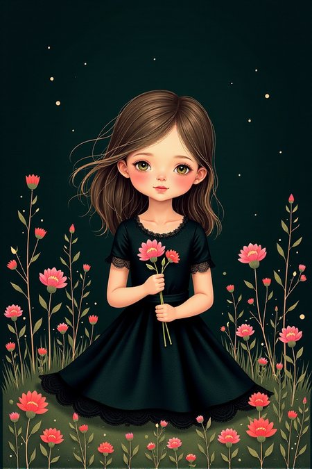 A girl in a black dress with lace trim, holding flowers and sitting on the ground surrounded by wildflowers. The dark background has light accents of pink or purple. The artwork is inspired by whimsical children's book illustrations, using soft pastel colors to create an enchanting atmosphereâââ