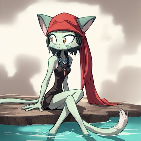 score_9, score_8_up, score_7_up, source_anime, BREAK 
lilith_calah, 1girl, furry female, furry, solo, tail, animal ears,
kojiann, short hair,   black short dress, sleeveless, bead necklace, red bandana, sitting, crossed legs,    <lora:Anna damp-000008:1>