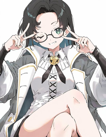 zhangzhizhi,1girl,solo,simple background,white background,looking at viewer,cowboy shot,sitting,double v,one eye closed,crossed_legs,smile,<lora:zhangzhizhi-000008:1>,, masterpiece, best quality, very aesthetic, absurdres,newest, incredibly absurdres,, (Ixy:0.6)),(hiten \(hitenkei\):0.7),