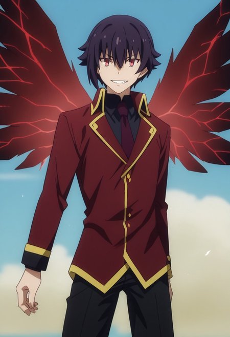 score_9, score_7_up, source_anime 

gekkou, 1boy, male focus, solo, red eyes, black hair, hair between eyes, school uniform, shirt, black shirt, collared shirt, necktie, red necktie, coat, red coat, high collar, double-breasted, pants, wings, feathers, energy wings, large wings, glowing wings, fantasy, spread wings, green, sky, evil grin,