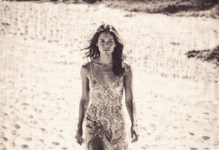 lith_agenta_leinwand, instagram photo, full photo of 26 y.o american woman walking on a beach, summerdress , perfect detailed eyes, natural skin, hard shadows, film grain
