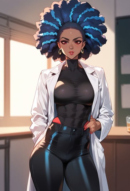 score_9, score_8_up, score_7_up, score_6_up, score_5_up, score_4_up, masterpiece, best quality, BREAK, 
1girl, 42 years old, crimson eyes, athletic build, African, afro, greying hair, blue hair streak, white lab coat, black shirt, black pants,
<lora:Lucyla_Art_Style:1>