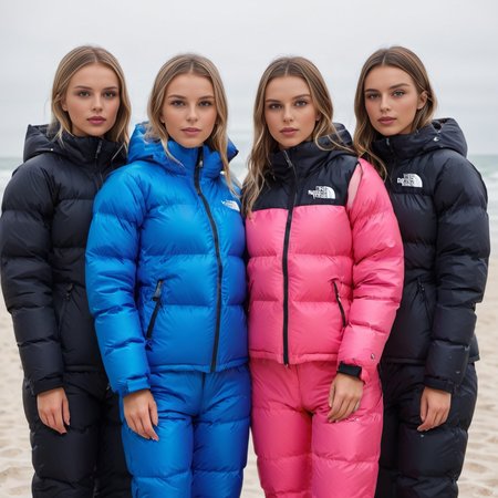 group of swedish girls wearing a tnf_nuptse jacket and   downsuit puffer_downsuit , hyperdetailed photography,4k textures,intricate details,4k resolution,  <lora:puffer_downsuit_v1:0.6> beach scene 
 <lora:pufferdown_tnf_nuptse:0.6>