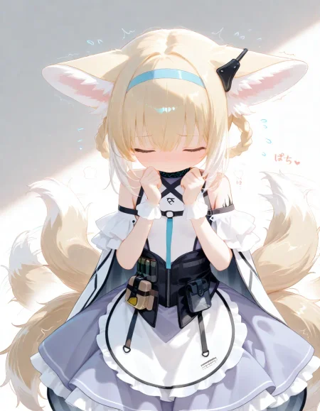 1girl, suzuran \(arknights\), tail wagging, afterimage, embarrassed, facing down, 
very awa, masterpiece, best quality, amazing quality, absurd res, hi res, highres, <lora:NoobV065sHyperDmd:0.3> <lora:naitian_epoch_12:0.8>