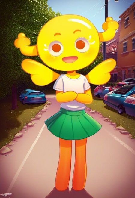 zPDXL, zPDXLxxx, score_9, score_8_up, score_7_up, score_6_up, score_5_up, score_4_up, BREAK rating_safe, source_cartoon,  flat color, 2d, <lora:Penny_Fitzgerald_Gumball_for_PonyXL:1>, penny_unshelled, 1girl, solo, open mouth, smile, white t-shirt, green skirt, wings, looking at viewer, colored skin, black eyes, flat chest, yellow skin, neighborhood, street, trees, grass