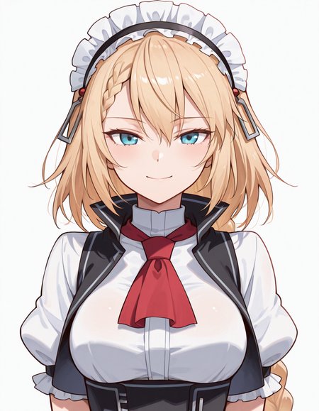 Volumetric Lighting, (masterpiece), (best quality), (ultra-detailed), masterpiece, source_anime, score_9, score_8_up, score_7_up BREAK, illustration, disheveled hair, detailed eyes, perfect composition, moist skin, intricate details, detailed eyes, detailed face, detailed fingers BREAK, G36,blonde hair, blue eyes, braided bangs, braided ponytail,very long braid BREAK, G36def,def_dress, def_corset, def_maid_headdress, def_ascot, def_vest, BREAK, looking at viewer, simple background, white background, medium breasts, upper body, smile, face focused