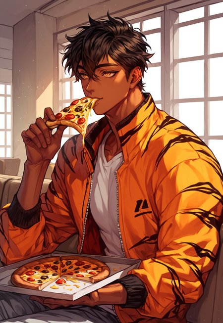 score_9, score_8_up, score_7_up, anime, best quality, 1male, short hair, black hair, brown hair, hair between eyes, golden eyes, bright eyes, brown skin, handsome, brown eyelashes, long eyelashes, Roman nose, toned,
,
, 
dynamic pose, character design, calm look, calm,
,
,
cowboy shot, indoors, restaurant, sitting, pizza, eating pizza, joy, happy, cheese strings, open jacket, jacket, loose-fitting T-shirt, gray pants, tiger stripes,
