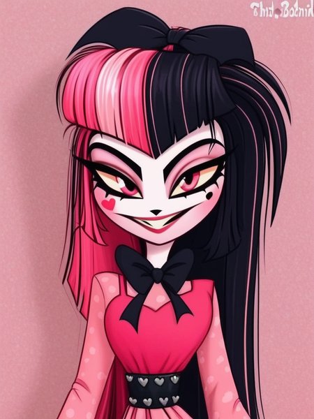 1 girl, 1 person, solo, <lora:HelHazbinV2:1> hellhazbin , <lora:Draculora:1> draculaura, streaked hair, pink hair, black hair, two-tone hair, pink eyes,