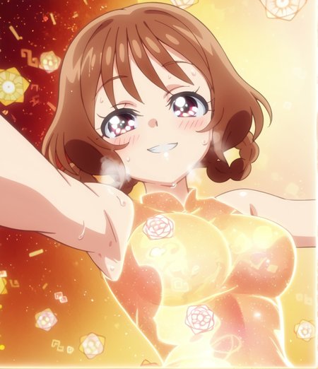 score 9, score 8 up, score 7 up, detailed background, shiny skin, 
<lora:cureyumyum.pony:1>,
hanaran, transform, 
 half-closed eyes, seductive smile, heavy blush, heavy breathing, sweat, 
large breasts, wide hips,