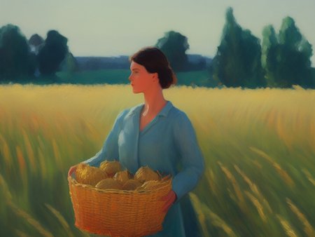 portrait hero shot of 1950s female worker carrying basket in front of golden grain fields, soviet , art by socialistrealism, propaganda poster, still life, blue sky, light shining