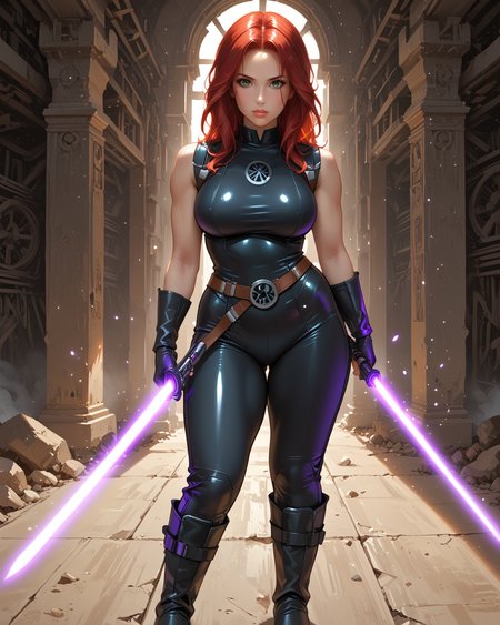 PonyScores7, source_anime, ah1, 1girl, long hair, mature female, (parted hair:1.7), (curvy), round-chin, caucasian, skindentation, thick thighs, wide hips, busty, voluptuous, lips, bad-hands-5, <lora:venus body PonyXL:0.6>, <lora:xl_more_art-full_v1:0.3>, <lora:shinyskin2:0.3> glistening skin, <lora:aesthetic_anime_v1s:0.3>, <lora:Expressive_H:0.3> Expressiveh, <lora:hairdetailpxl:0.3> hairdetailpxl, <lora:EpicF4nta5yXL:0.3>, <lora:detailxl:0.3> detailxl, <lora:Fant5yP0ny:0.3>, best quality, amazing quality, best aesthetic, absurdres, <lora:expressive eyes:0.3> expressive eyes, <lora:eyedetailpxl:0.3> eyedetailpxl, illustration, Volumetric_Lighting, ultra-detailed, very aesthetic, intricate details, 8k, masterpiece, best_quality, (curious look, head slightly tilted, one eyebrow raised), (Zoom Burst shot), <lora:Eyes_High_Definition:0.3> EyesHD, looking at viewer, Stable_Yogis_PDXL_Positives, AS-Adult, <lora:Mara_Jade_Skywalker:0.8> Mara Jade, Red hair, green eyes, black high heeled boots, (a purple-bladed lightsabers), (sleeveless leather cat suit), in sith-academy , in a battle, star_wars, <lora:Plasma_Sword:0.8> purple Plasma Sword, Holding Plasma Sword, plasma sparks,