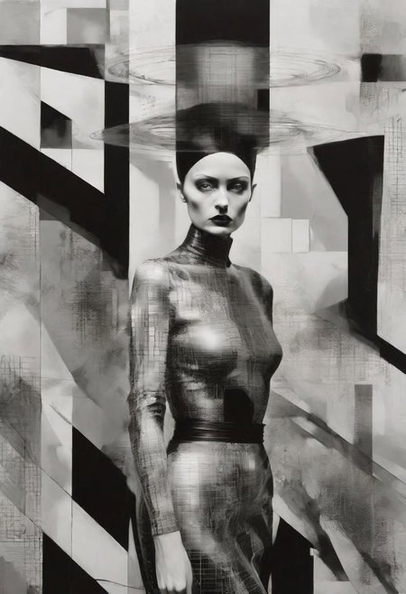 Monochrome black and white, Dali, Magritte, Delvaux, Bellmer, Malevitch, Rodchenko, Mondrian, Kandinsky, Popovna, psychedelic hallucination, pop surrealism, rough crosshatch drawing pop art Lunatic_Portrait of a young woman in latex Avant-garde Fashion page, slick back, low bun, black makeup, sinister expression, intense glare, avant-garde, abstract, weird, geometric, constructivism, suprematism, rayonism, verticism, lineism, tj