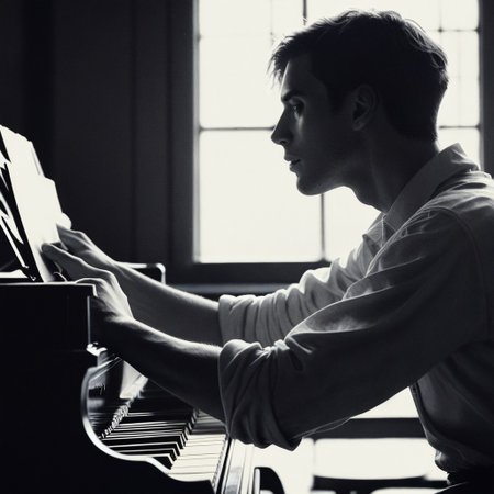 score_9, score_8_up, score_7_up, score_6_up, flmgr, flmgr, film grain, cinematic, cinematic light, 1boy, male focus, piano, window, solo, instrument, backlighting, indoors, monochrome, shirt, from side, profile, upper body, short hair, sleeves rolled up, long sleeves, collared shirt, paper, greyscale, blurry, realistic