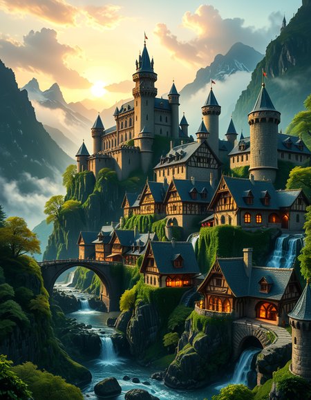 A breathtaking medieval fantasy city nestled in a lush valley, surrounded by towering mountains and dense forests. A grand castle with multiple towers and turrets stands atop a hill, overlooking the town below. The city consists of charming half-timbered houses with glowing windows, perched on rocky cliffs and connected by stone bridges over cascading waterfalls. The river flows through the village, reflecting the warm golden lights of lanterns and torches. Ivy and moss grow over the stone walls, adding to the enchanted, ancient atmosphere. The background features misty mountains with additional fortresses and watchtowers, partially hidden by low-hanging clouds. The sky is illuminated by a soft, warm sunset, casting a golden glow on the scenery, creating a perfect blend of realism and fantasy. Highly detailed, cinematic, and immersive, with a magical, fairy-tale ambiance.
<lora:SDXLFaeTastic2400:0.4> <lora:extremely_detailed:0.4> extremely detailed, <lora:medieval_f4nt4sy_c1ty:1>,medieval f4nt4sy c1ty, Masterpiece,best quality,hi res,8k,hi res,8k,award winning,(sharp focus, intricate, highly detailed),