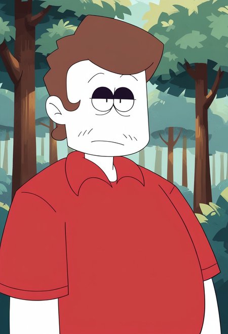 male, white skin, solo, chubby build, fat, Red Shirt, Tired Expression, Short-Sleeved Shirt, forest background, 4k, masterpiece, best quality, highly detailed, high quality, extreme quality, BREAK, fighting pose, upper body, face focus